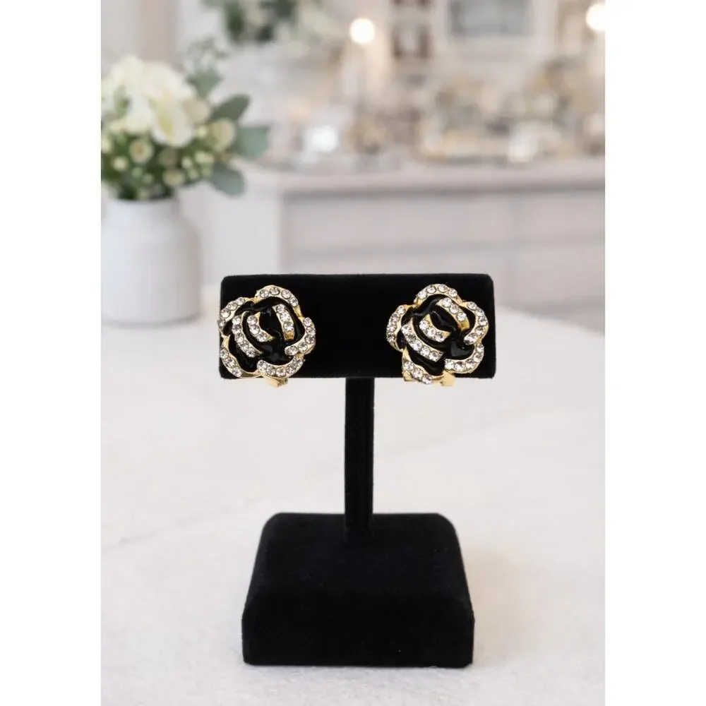 Black Gold Rhinestone Flower Earrings New